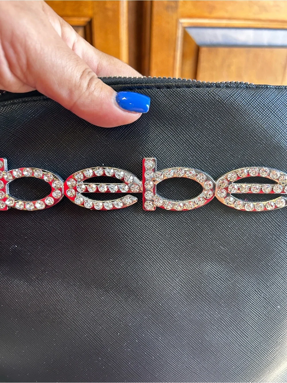Bebe Black Saffiano Cosmetic Bag Rhinestone Logo Makeup Pouch